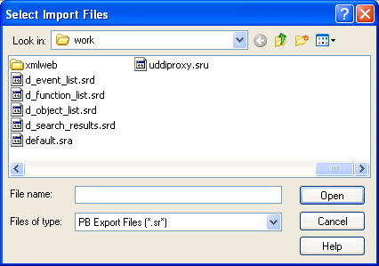 Shown is the Select Import Files dialog box. At top is a drop down list box labeled Look in with a sample current directory named backup. Below this is a display area listing files with the extension dot s r * in the current directory. At bottom is a blank text box for File name and a drop down list box labeled Files of type with the entry P B Export Files ( * dot s r * ).