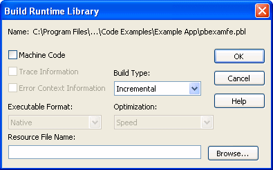 Shown is the Build Runtime Library dialog box. At top is the selected Name d : backslash more p b l s backslash profiler backslash profile dot pibble, followed by check boxes for Machine Code, which is selected, Trace Information, and Error Context Information. Next are drop downs for Build Type, set to Incremental, Executable Format, set to Native, Optimization, set to Speed, and a text area for Resource File Name, which has a Browse button.