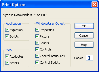 Shown is the Print Options dialog box. At top is an area labeled Application with check boxes for Explosion and Scripts. Below it is a Menu area with check boxes for Attributes and Scripts. At right is a Window / User Object area with check boxes for Properties, Picture, Scripts, Controls, Control Attributes, and Control Scripts. All the check boxes are selected. A text box for Copies at far right displays the entry 1.