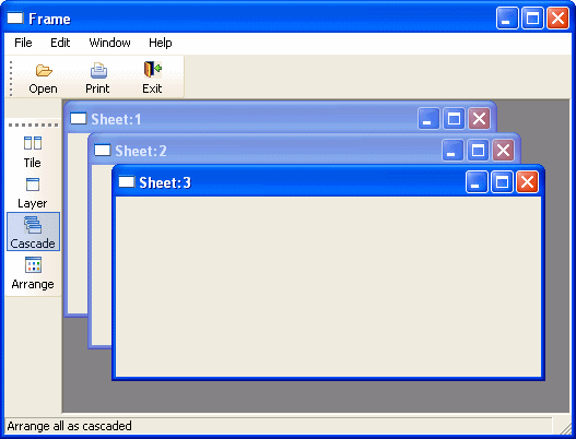 This screen shows New, Print, and Exit buttons on a horizontal toolbar associated with the Frame (the FrameBar) and placed beneath the menu bar, and the window management buttons Tile, Layer, Cascade, and Arrange on a toolbar associated with the sheet (the SheetBar).