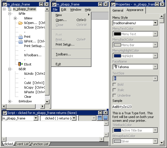 The sample shows the Menu painter layout. The title bar displays the text m _ pbapp _ frame inhertied from menu - Menu. The Tree Menu view at top left shows an expanded view of m _ pbapp _ frame with all its menu options. To its right is the WYSIWYG view of m _ pbapp_ frame with the options New, Open, Close, which is grayed, Print, Print Setup, Tool bars, and Exit. The General tab of the Properties view displays the menu’s general properties at far right and the Script view at bottom left displays.  