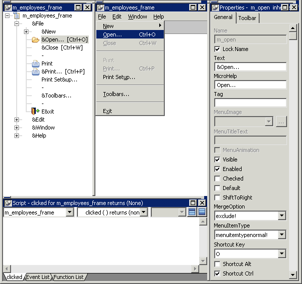 The sample shows the Menu painter layout. The title bar displays the text m _ employees _ frame ( employees) inhertied from menu - Menu. The Tree Menu view at top left shows an expanded view of m _ employees _ frame with all its menu options. To its right is the WYSIWYG view of m _ m _ employees  _ frame with the options New, Open, Close, which is grayed, Print, Print Setup, Tool bars, and Exit. The General tab of the Properties view displays the menu’s general properties at far right and the Script view at bottom left displays.