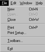 The sample menu has options across the top for File, Edit, Window, and Help. The first letter of each item is underscored to indicate that it is the accelerator key for that menu option. The File option is selected and the File menu is expanded below it. In addition to their accelerator keys, several options in the File menu have shortcut keys displayed on the right, including Control plus N for the New option, Control plus W for the Close option, and Control plus P for the Print option.