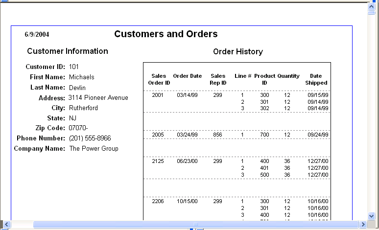 The sample report is titled Customers and Orders. At left is an area titled Customer Information that displays the customer I D, name, address, and phone information for a single customer. At right is a nested report called Order History that includes six columns of information for four order the customer has placed, listed by Sales Order I D.