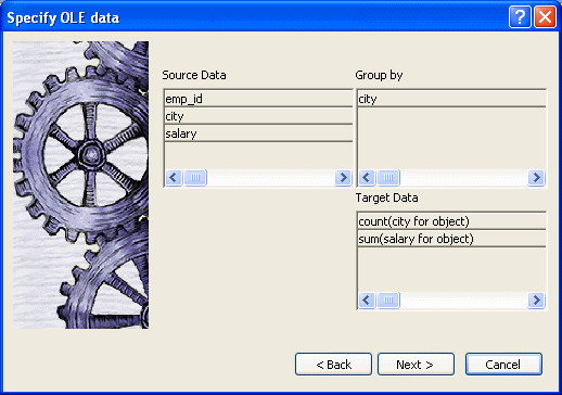 The sample shows the Specify OLE Data page. At left is a box listing three columns available as Source Data. They are employee dot emp _ i d, dot salary. and dot city. At right is a box labeled Group by with the entry employee dot city. At bottom right is the Target Data box displaying the columns employee dot city and employee dot salary.