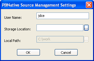 The sample shows the dialog box for P B Native. It is titled Source Management Settings and has a text box for User Name and text boxes with browse buttons for Storage Location and Local Path.