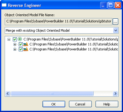 The Reverse Engineer dialog box displays the the file name for the linked OOM target, a text box for the reverse engineer options, and a list box for the items in the PowerBuilder target. A checkmark next to an item in the list box indicates that you want to abstract the item as a class in the OOM. The merge option selected in this example indicates that abstracted classes from the PowerBuilder objects will be merged with classes in the linked OOM, rather than replacing them.