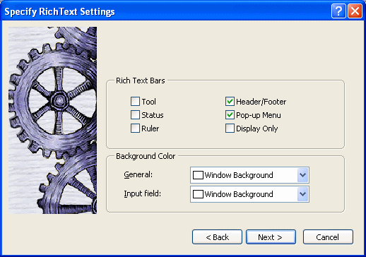 The sample shows the Rich Text Settings screen. At top is the Rich Text Bars box, which has check boxes for Tool, Tab, Ruler, Header / Footer, which is selected, Pop up Menu, which is also selected, and Display Only. Below that is the Background Color box with drop down list boxes for General and for Input field. Both display the selection Window Background.