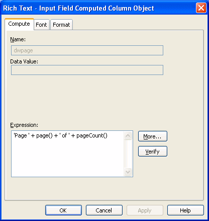 The sample shows the Compute page of a dialog box titled Rich Text - Input Field Computed Column Object. Displayed at top is a Name: box showing the name d w page, then an empty box for Data Value. Next are cleared check boxes for Multi Line and Fixed Size. At bottom is an Expression box where you specify the expression for the computed field. It displays ’ Page ’ + page ( )  + ’ of ’ + page Count ( ).