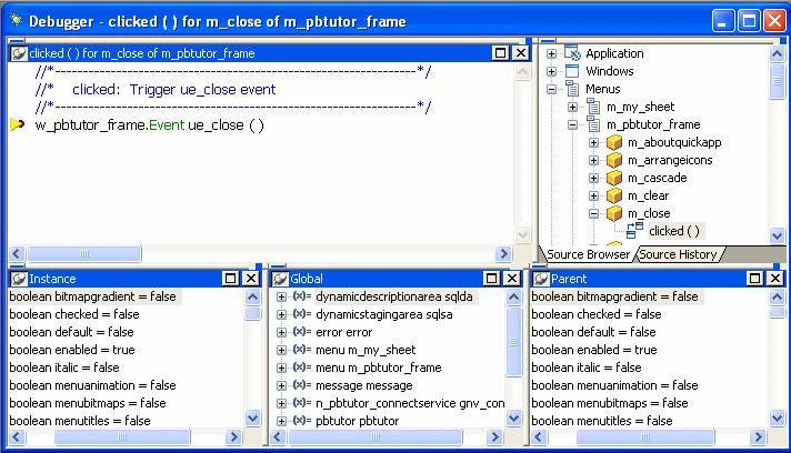 The sample shows a Debugger window divided into four panes. At top left is the script for the Clicked event of menu  m _ close of m _ gen app _ frame. At bottom left is the Instance tab page showing a list of properties such as string tag equals " ".  At top right is the Global tab page with a tree view of the menu m _ gen app _ frame expanded to show the same properties. At bottom right is the Parent tab pabe showing the properties of the parent menu. 