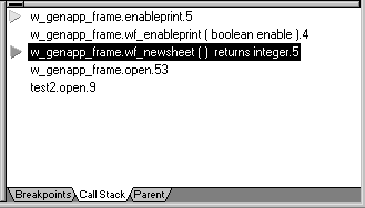 Shown is a Debugger window. At bottom right is the Call Stack tab page with one line highlighted. At top left is the Source view displaying the script for the selected line. For the selected line, the Local - Shared tab page at bottom left shows the variables that are in scope and the Watch tab page at upper right shows the expressions that are in scope.