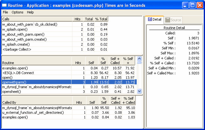 The sample routine view shows a Data Window at top left titled Calls. It shows the functions and events called by the current routine. The middle Data Window, titled Routines, highlights the current routine. Visible are figures for Hits, Self, %Self, and Self plus Called for all routines on the list. The Data Window at bottom left shows w _ empinfo dot < Object Create > as the event that calls the highlighted routine. On the right side of the screen are the tabs Detail and Source. The Detail tab show statistics for the highlighted routine.