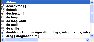 Shown is the Auto Script pop up window with a list of possible completions, such as the instance variable d b l var, the event deactivate ( ), and the function drag ( drag modes m ).. An icon next to each item indicates its type.