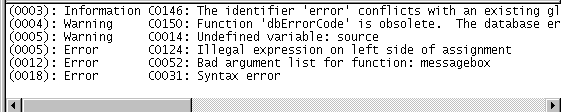 Shown is the script window for the clicked event of c b x _ preview returns long. Beneath the script window is a Message window. It displays a sample informational message, two warnings, and three errors.