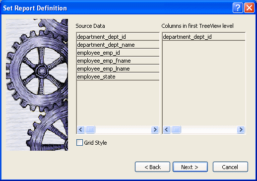 In the Set Report Definition dialog box, the department column has been dragged from the left pane to the right pane.