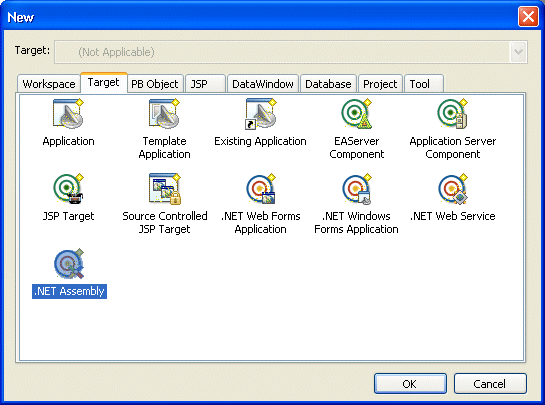 The Target tab page of the new dialog box includes icons for applications, template applications, existing applications, EAServer components, application server components,JSP targets, source-controlled JSP targets, .NET Windows Forms and Web Forms applications, and .NET assemblies and Web services. 