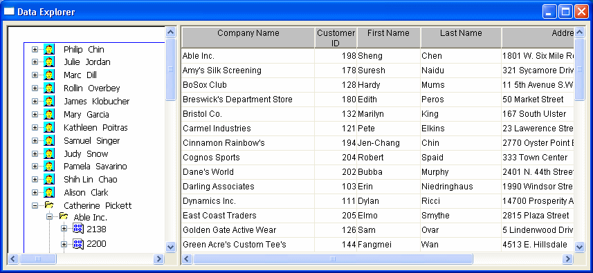 The sample shows employees as the top level node in the left pane. One employee’s node has been expanded to show the company name of her customers. The right pane shows details for each customer.