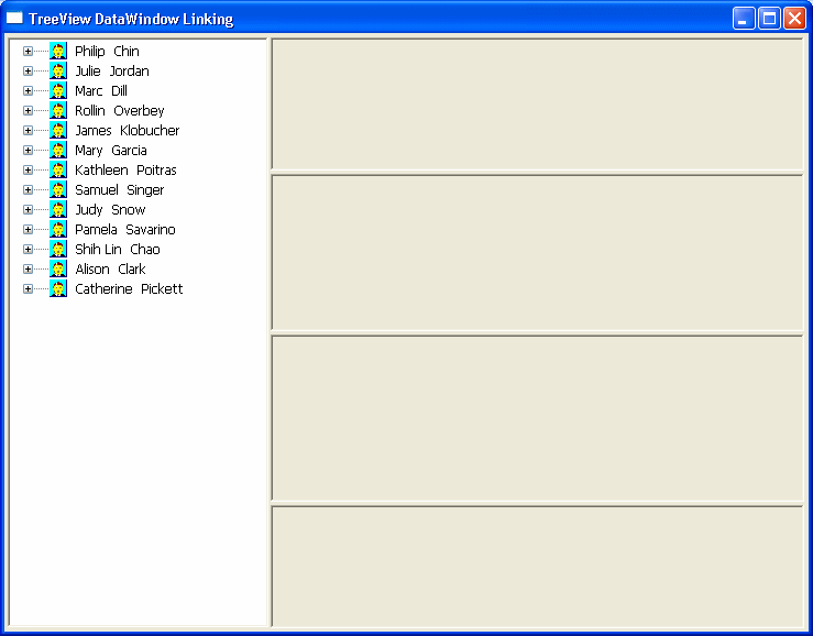 The left pane shows a tree view with employees as the top-level node with no nodes expanded. There are four separate panels on the right, one above another.