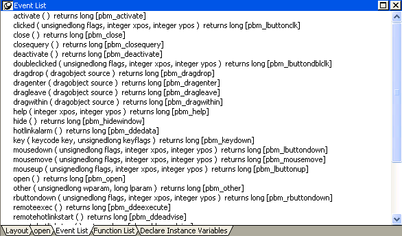 Shown is the Event List tab page of the Event List view. It displays a long list of predefined events such as activate ( ) returns long [ p b m _ activate ].