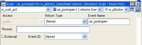 Shown is the Script View. In the first drop down at top left is the selected window w _ notepad. Partially visible in the second list box is the event u e _ replace _ text. Below this is the Prototype window with text fields labeled Access, Return Type, and Event Name, and drop downs for Pass By, Argument Type and Argument Name. At bottom is a text box labeled Throws:, a check box labeled External, and a drop down for Event ID.