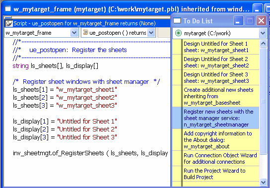 The sample shows the To Do list. HIghlighted is a linked entry to a task called Register new sheets with the sheet manager service: n _ my gen app _ sheet Manager
