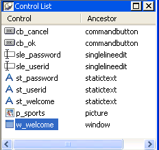 The sample is labeled Control List. At left is a Control column showing a list of controls and their icons, such a radio button icon with the control name r b _ 3, and an OK button icon with the name c B _ 3. At right is a list of the Ancestors for the controls, such as radio button and command button.