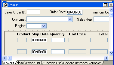 The sample is labeled Layout and has tabs for Invoice Entry and Customer Entry. The Invoice Entry tab page is displayed and shows portions on the application title, Power Hardware, the slogan Best hardware anywhere, and text boxes for Invoice Number, Customer Number, Item Number, Quantity, and Each Price.