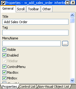 The sample shows the General tab of the Properties view, with sample text in fields for Name, Picture Name, URL, and Tag. At bottom are check boxes for Visible and  Enabled, which are both selected, Focus Rectangle, Original Size, which is also selected, and  Invert and Border. At bottom is a drop down list box labeled Border Style with the entry Style Box ! displayed.