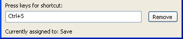 The sample displays a text box labeled Press keys for shortcut: and the entry Ctrl plus S. At bottom is the message Currently assigned to: Save. At right is a Remove button. 