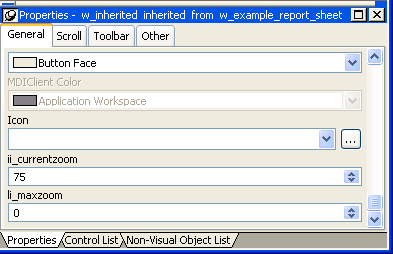 The sample shows the general tab of the Properties view for w _ customer inherited from w _ employee, as noted in the Title Bar. From top to bottom are drop downs with Application Workspace and the Icon App Icon ! selected, then a spin control labeled i d with the value 6, a spin control labeled day with the entry 2001 - 0 2 - 0 5, and at bottom a drop down labeled d e c number with the number 12 dot 3 4 displayed.