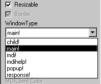 Shown is the Window Type drop down list. At top is a selected check box labeled Resizable, a grayed check box labeled Border, and then a drop down list of window types with main ! selected.