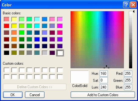 The sample displays the Color dialog box. At top left is an area labeled Basic colors with eight columns and six rows of boxes displaying basic colors. Below it is a Custom colors area of sixteen boxes in two rows and a button labeled Define Custom Colors. At right is the Color Matrix, a large rectangle that displays the selected color, and next to it a narrow slider for adjusting the color in the matrix. At bottom right are a small display box labeled Color / Solid and boxes with values for Hue, Sat, Lum, Red, Green, and Blue. At bottom right is an Add to Custom Colors button.