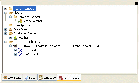 The sample shows the Components tab page in the System Tree, which displays folders with  ActiveX controls, plug ins, Java applets, JavaBeans installed on the system, application servers, and custom tag libraries accessible from the system.