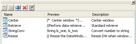 The sample shows the Clip window. At top left are buttons to move Clip window contents to the clipboard, copy them  to the Clip window, rename a clip, delete a clip, and modify the clip’s description. Below this are three columns. The Name column lists four named clips, the Preview column shows some information contained in each clip, and the Description column explains what the clip does. For example, the String Conv clip is highlighted. Its preview reads STRING l s _ ones, l s _ t . . . and the description is Converts numbers to words.