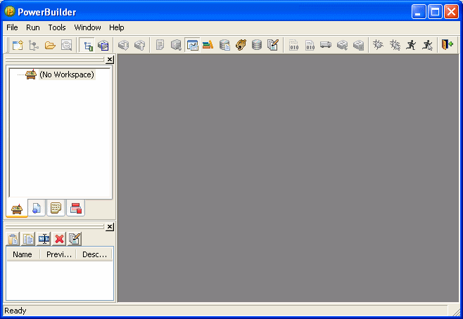 The sample window shows a menu bar and PowerBar at the top, the System Tree and Clip window on the left, and the Output window at the bottom. All are blank. The remaining area at right is grayed. 