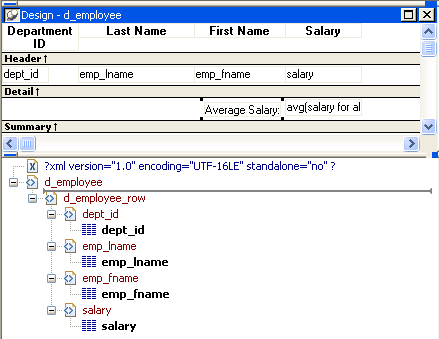 The sample displays the template in the case where there is no control name that matches the column name dept _ i d. The content of the child element dept _ i d is indented under the column dept _ i d and displayed with the gear icon, which represents a DataWindow expression.