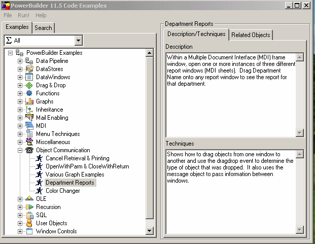 The left pane of the screen shows an expanded tree view with object communication expanded and OpenWithParm & CloseWithReturn selected. The upper right pane displays a description of the example, and the lower right pane displays a description of the techniques exemplified