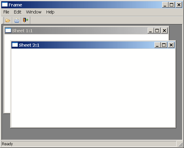 At the top left of the screen is the title Frame. Below the title is a horizontal menu bar with the choices File, Edit, Window, and Help, starting at the far left. Below the menu bar is a horizontal bar displaying sample icons. The balance of the rectangular screen is a gray background client area with two overlapping white rectangles representing sheets. They are labeled Sheet:1 and Sheet: 2 and each has buttons at top right for minimizing, reducing, and closing the sheets.