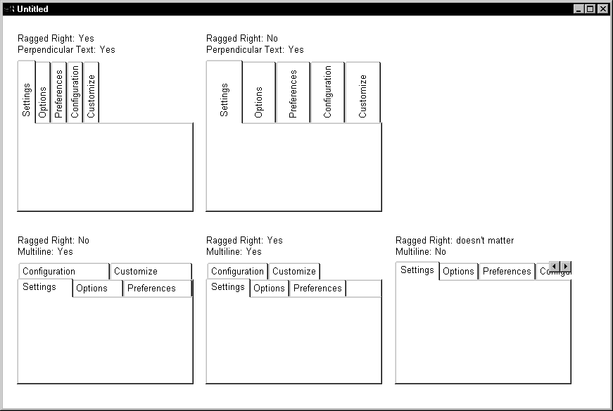 The tabs run across the top of each of the five examples shown here. The first has tabs with ragged right and perpendicular text both on. The tabs here bunch to the left and the text runs from bottom to top. The second example, ragged right off and perpendicular text on, sizes the tabs out evenly to fill the space. The third, ragged right off with multiline on, displays horizontal tabs in two lines, with text left-justified. The fourth, ragged right and multiline both on, displays two lines of horizontal tabs sized to fit the text. The last, multiline off with ragged right at any setting, displays one line of horizontal tabs sized to fit the text.