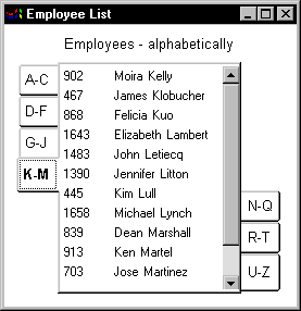 The sample Tab control shows a page of employees listed alphabetically. Tabs running along the upper left and lower right of the list offer ranges of letters such as a through c that the user can select to display a different page of the list. The last tab on the left is the one selected. Its range of letters is bolded. The ones that follow it are displayed on the right.