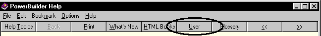 Under the main menu bar is a Help menu bar. From left to right, the Help menu items are Help Topics, Back, Print, back and forward arrows, User, and Glossary. Each item has an accelerator key. Under the Help menu bar, the screen displays the topic heading,  "What’s new in PowerBuilder 7."