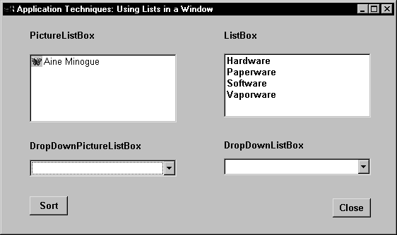 The window contains a ListBox control at upper right and a PictureListBox at upper left. The ListBox control contains four items, and the PictureListBox has one