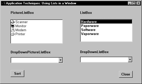 The ListBox control in this screen shows the word hardware highlighted. Items related to hardware appear in the PictureListBox on the left. It displays appropriate pictures next to the words scanner, monitor, modem, and printer.