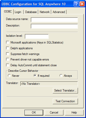 The sample shows the ODBC page of the ODBC Configuration for Adaptive Server Anywhere dialog box. At top is the Data source name, shown as A S A 8 dot 0 Sample, and the Description Adaptive Server Anywhere Sample Database. Next are boxes for Translator and Isolation level, then check boxes for Microsoft applications, Prevent driver not capable errors, and Delay Auto Commit until statement close. Next is an area for Describing Cursor Behavior, with radio buttons for Never, If required, and Always. If required is selected. At bottom right is a Test Connector button.