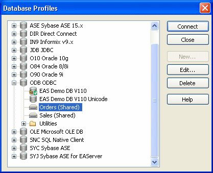 The sample shows the Database Profiles dialog box with Installed Database Interfaces displayed in tree format. The entry for O D B O D B C is expanded. It lists a  profile for E A S Demo D B V 4, for Employee ( Shared ), New Sales ( Shared ), and E A S Demo D B V 4 I M.