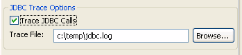 The sample shows the Options tab page of the Database Profile Setup for J D B C. The Jave V M box displays Sun J R E 1 dot 3. Under J D B C Trace Options, the Trace J D B C Calls check box is selected and the Trace File box  displays c :  temp  j d b c dot log