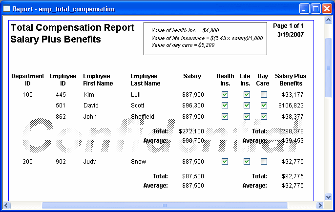 Shown is a report in Preview view titled Total Compensation Report Salary Plus Benefits. It has columns for Department I D, Employee I D, Employee First and Last Names, and Salary. Next are check boxes for Health and Life Insurance and Day Care. The final column shows the value of Salary Plus Benefits. Rows of data are sorted by Department I D, then Employee I D. At top right is text describing the value of each benefit. At top far right are  page number and date.