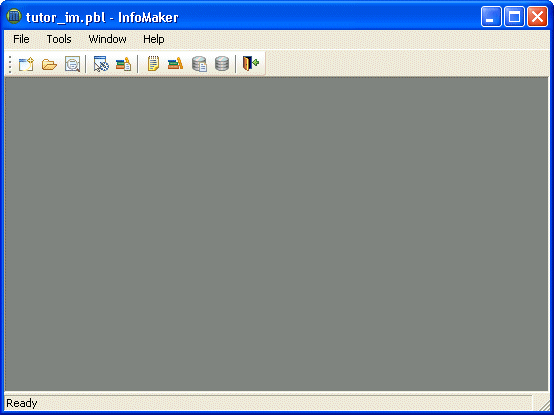 Shown is the initial Info Maker screen with menu options for File, Tools, Window, and Help, and then the PowerBar across the top with buttons for creating new objects and accessing existing objects.