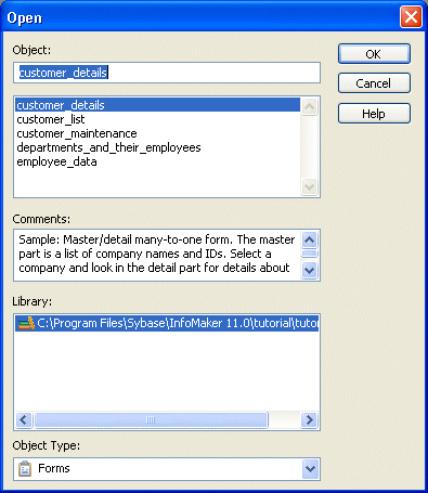 Shown is the Open dialog box. Near the bottom is a display labeled Library with the library tutor _ im _pibble highlighted. At top is a text box labeled Object with the entry attrib _  birthdays. Below it is a list of the objects in the selected library, with the attrib _ birthdays object highlighted. Next is a Comments area with a description of the object. Below the Library list is a drop down labeled Object Type with Reports selected.