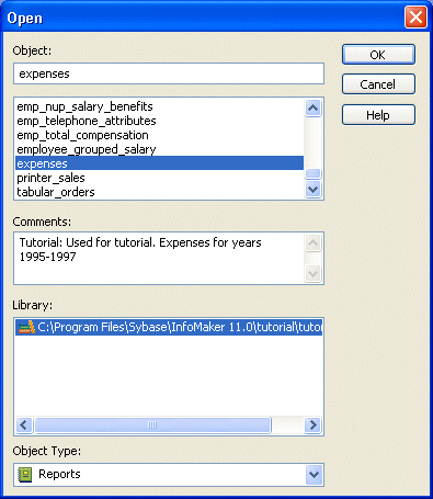 Shown is the Open dialog box. Near the bottom is a display labeled Library with the library tutor _ i m _ pibble highlighted. At top is a text box labeled Object with the entry expenses. Below it is a list of the objects in the selected library, with the expenses object highlighted. Next is a Comments area. Below the Library list is a drop down labeled Object Type with Reports selected.